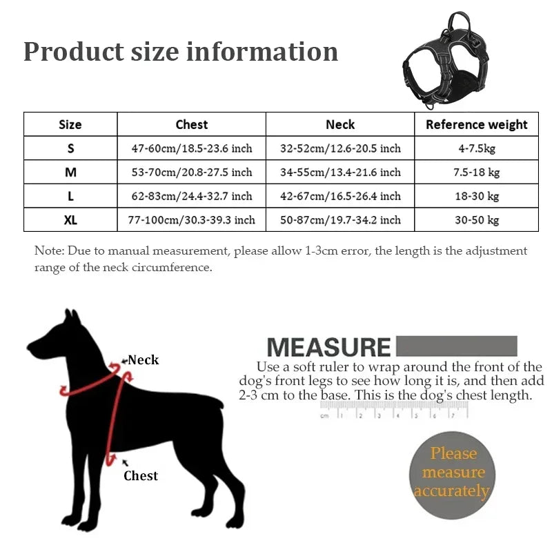 No-pull reflective dog harness size chart