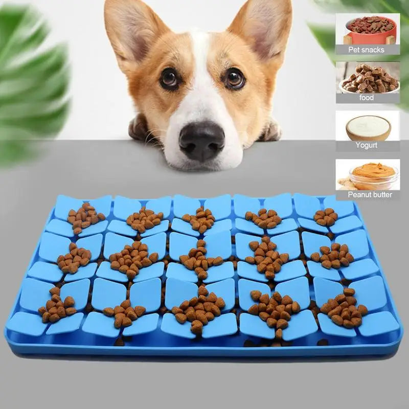 Blue lick mat with dog