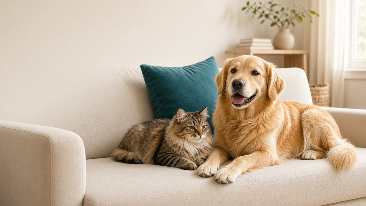 A happy dog and cat relaxing on a clean cream sofa